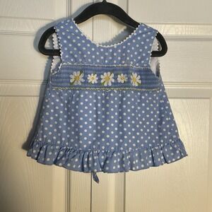 ANAVINI Smocked Shirt Girls 12M Blue White Polka Dots Daisies Open Tied Back Top
